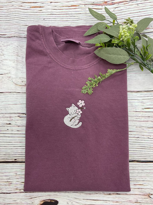 Cherry Blossom Cat Embroidered T-shirt